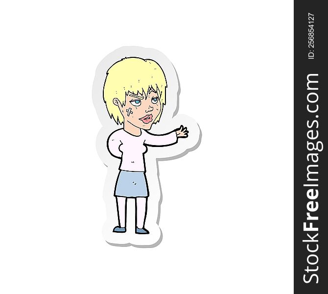sticker of a cartoon woman with sticking plaster on face