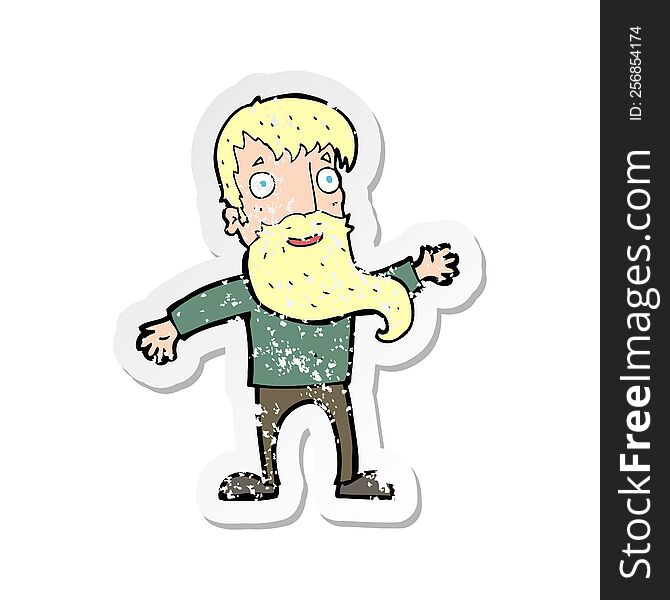 Retro Distressed Sticker Of A Cartoon Man With Beard Waving