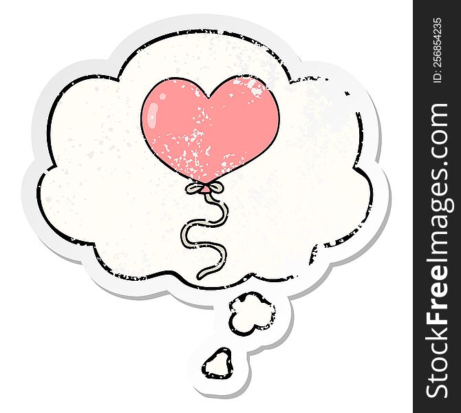 cartoon love heart balloon with thought bubble as a distressed worn sticker