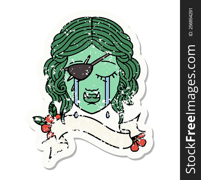 grunge sticker of a crying orc rogue character face. grunge sticker of a crying orc rogue character face