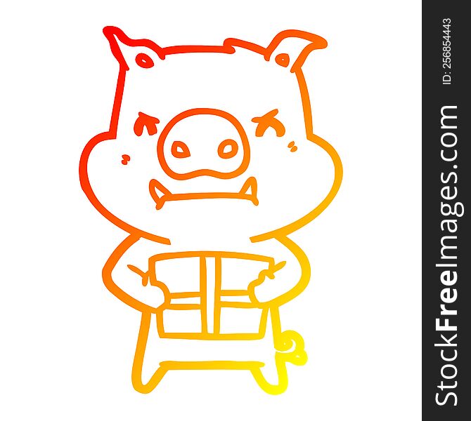 Warm Gradient Line Drawing Angry Cartoon Pig With Christmas Gift