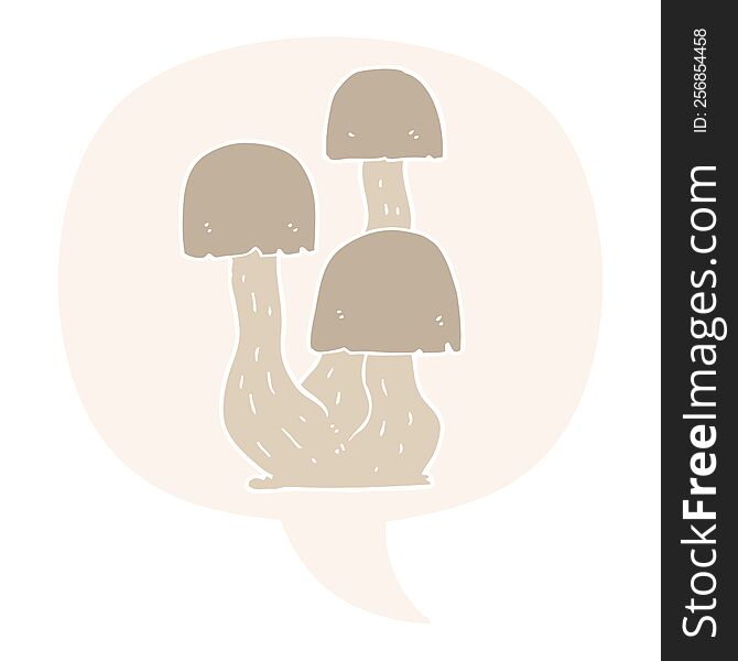 cartoon mushroom with speech bubble in retro style