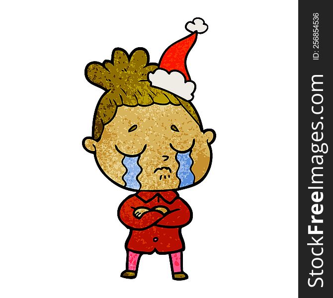 Textured Cartoon Of A Crying Woman Wearing Santa Hat
