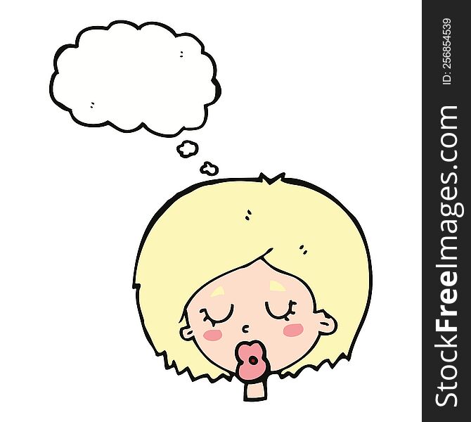 cartoon woman with eyes closed with thought bubble