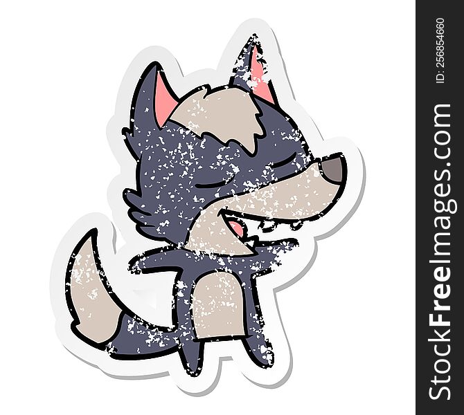 Distressed Sticker Of A Cartoon Wolf Laughing