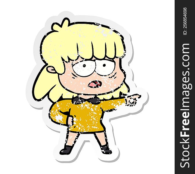 Distressed Sticker Of A Cartoon Tired Woman Pointing