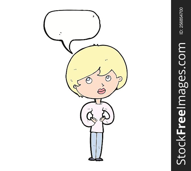 cartoon woman making Who Me gesture with speech bubble