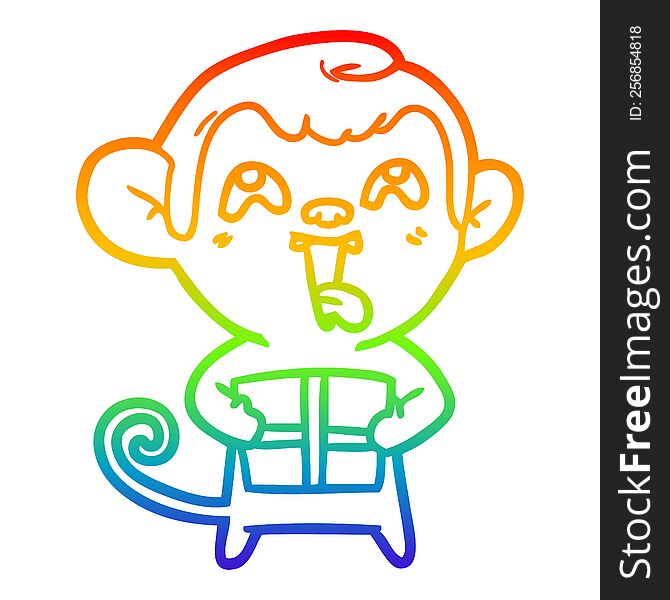 rainbow gradient line drawing of a crazy cartoon monkey with christmas present