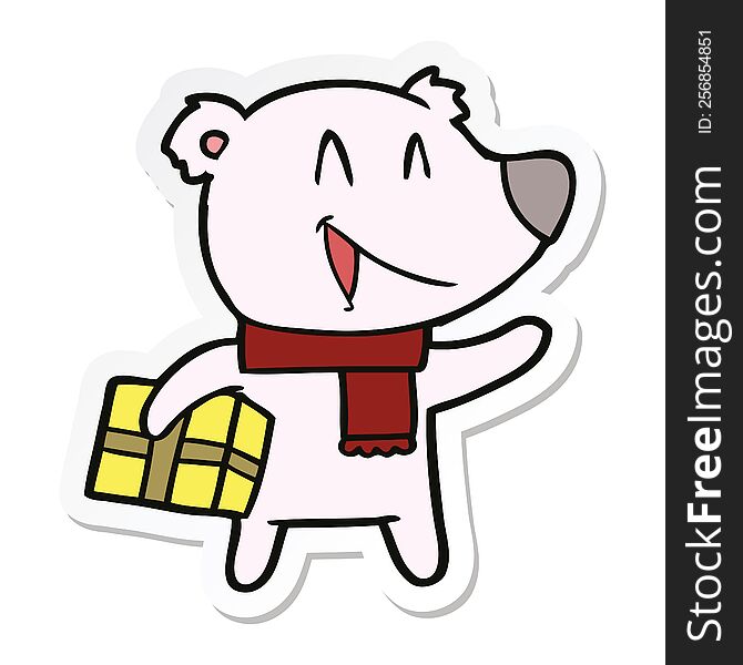 Sticker Of A Laughing Christmas Bear Cartoon