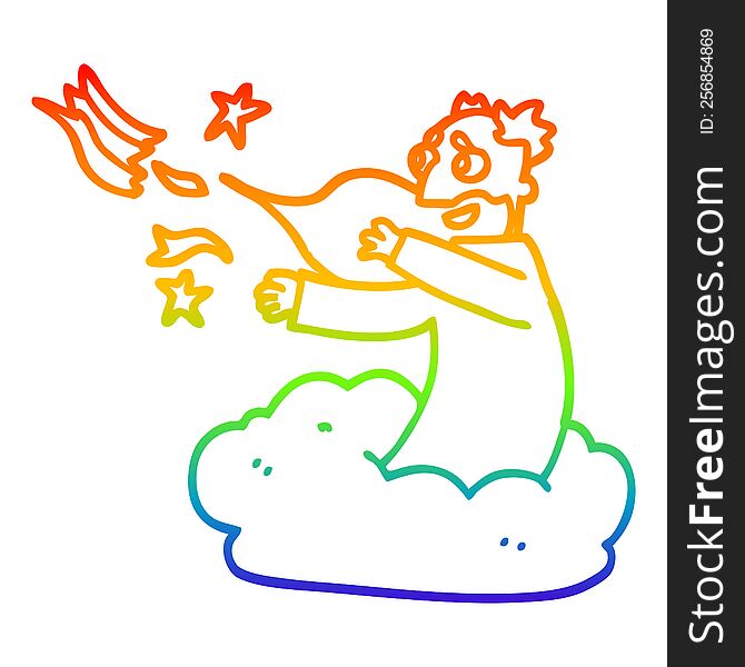 rainbow gradient line drawing of a cartoon god on cloud