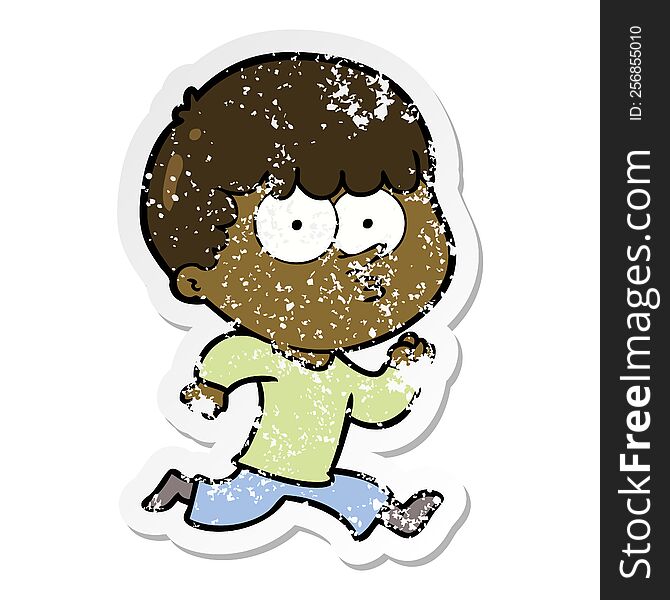 distressed sticker of a cartoon curious boy running
