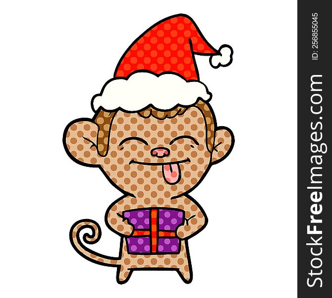 funny hand drawn comic book style illustration of a monkey with christmas present wearing santa hat