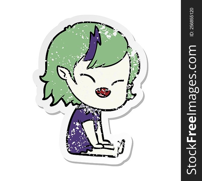 distressed sticker of a cartoon laughing vampire girl sitting