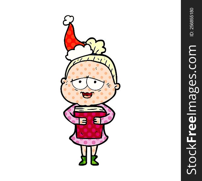 Comic Book Style Illustration Of A Happy Old Lady Wearing Santa Hat