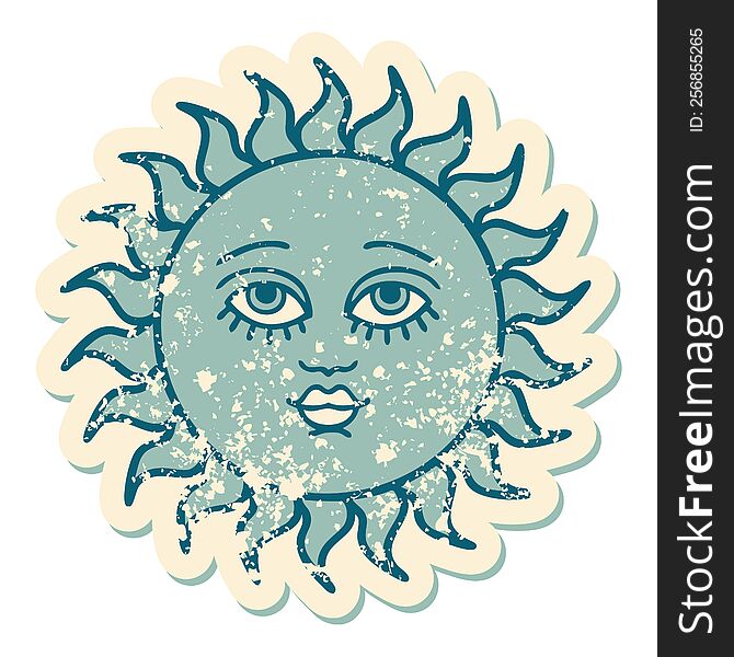 iconic distressed sticker tattoo style image of a sun with face. iconic distressed sticker tattoo style image of a sun with face