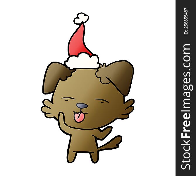 hand drawn gradient cartoon of a dog sticking out tongue wearing santa hat