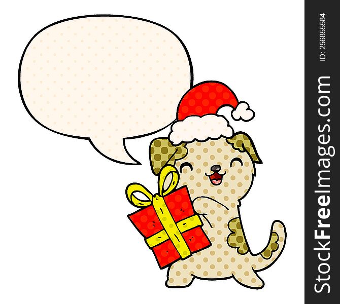 cute cartoon puppy with christmas present and hat with speech bubble in comic book style. cute cartoon puppy with christmas present and hat with speech bubble in comic book style