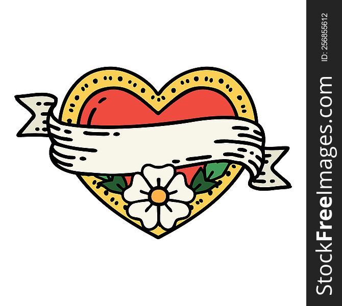 Traditional Tattoo Of A Heart And Banner With Flowers