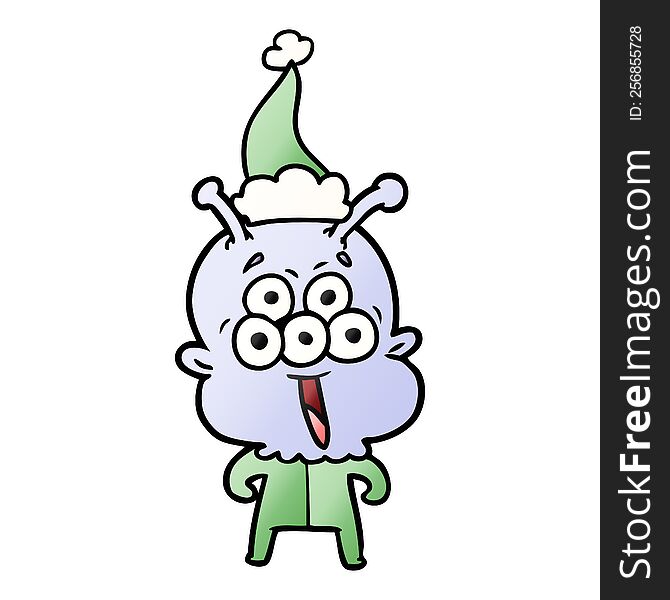 happy hand drawn gradient cartoon of a alien wearing santa hat. happy hand drawn gradient cartoon of a alien wearing santa hat