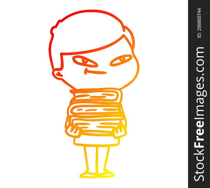 warm gradient line drawing of a cartoon boy with books