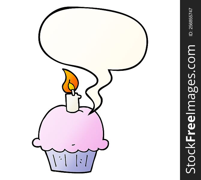 cartoon birthday cupcake with speech bubble in smooth gradient style