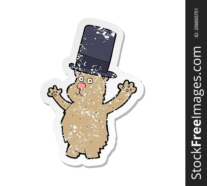 Retro Distressed Sticker Of A Cartoon Bear In Top Hat