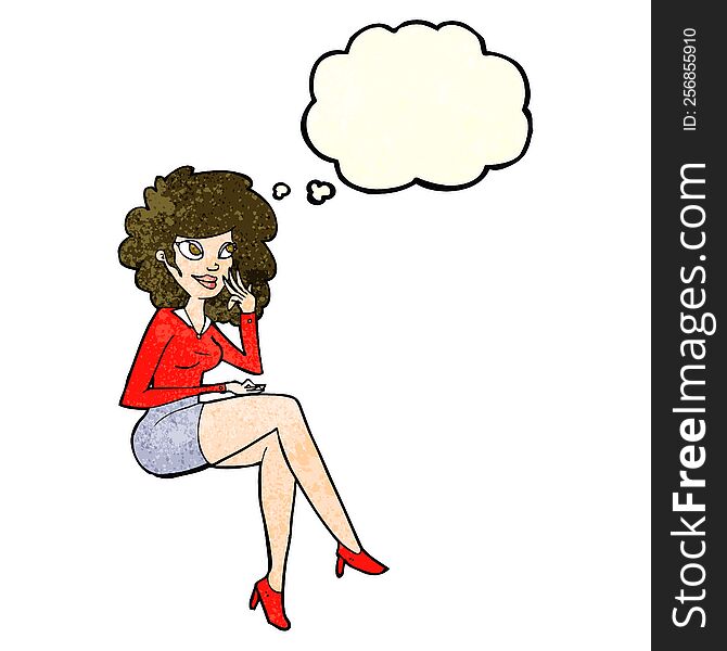 cartoon office woman sitting with thought bubble