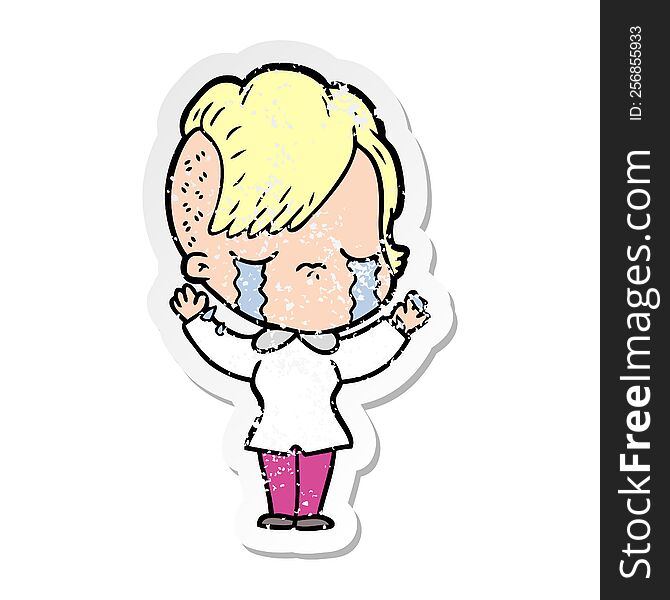 Distressed Sticker Of A Cartoon Crying Girl