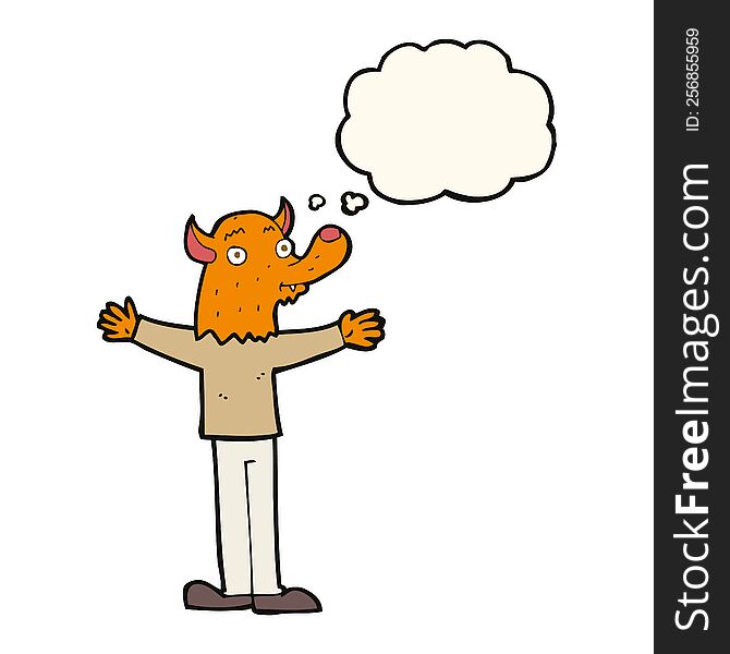 Cartoon Friendly Fox Person With Thought Bubble