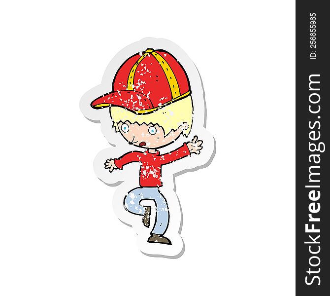 retro distressed sticker of a cartoon boy in cap