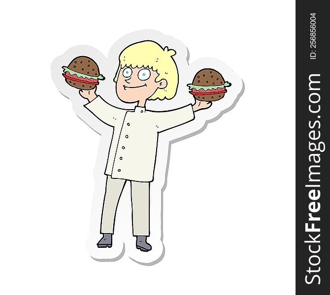 sticker of a cartoon chef with burgers