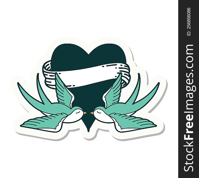 Tattoo Style Sticker Of A Swallows And A Heart With Banner