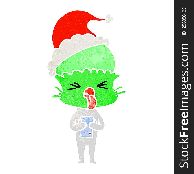 Disgusted Retro Cartoon Of A Alien Wearing Santa Hat