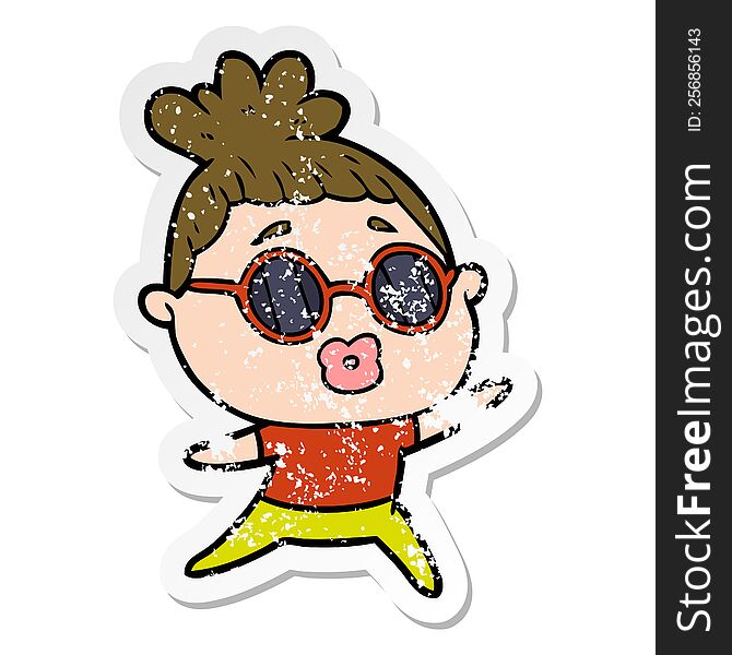 distressed sticker of a cartoon dancing woman wearing sunglasses