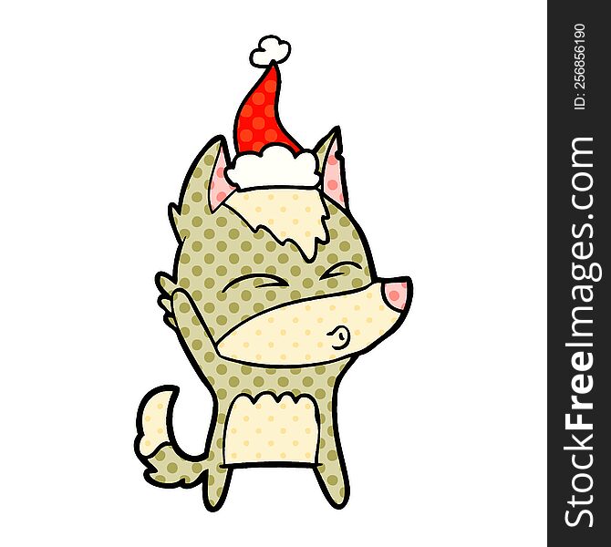 hand drawn comic book style illustration of a wolf whistling wearing santa hat
