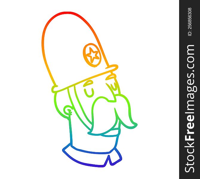 rainbow gradient line drawing of a cartoon policeman with mustache