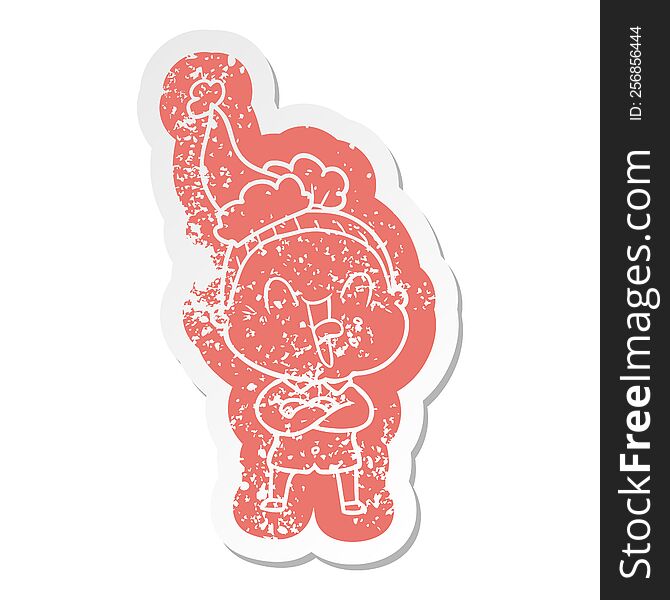 quirky cartoon distressed sticker of a happy old woman wearing santa hat