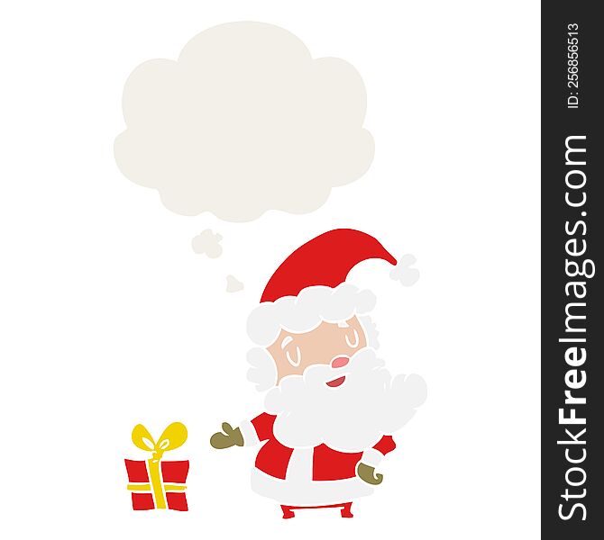 cartoon santa claus with thought bubble in retro style