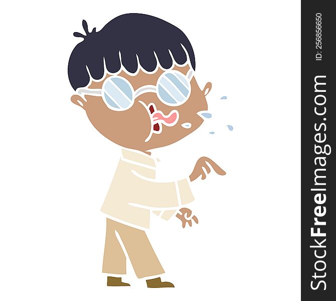 flat color style cartoon boy wearing spectacles and making point