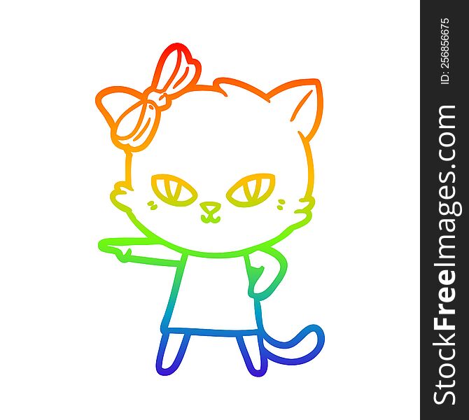 rainbow gradient line drawing of a cute cartoon cat wearing dress