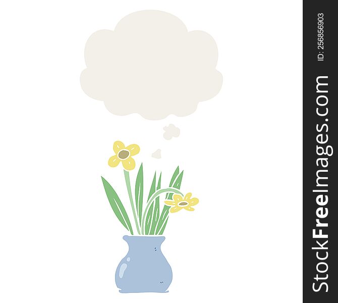 cartoon flower in pot with thought bubble in retro style