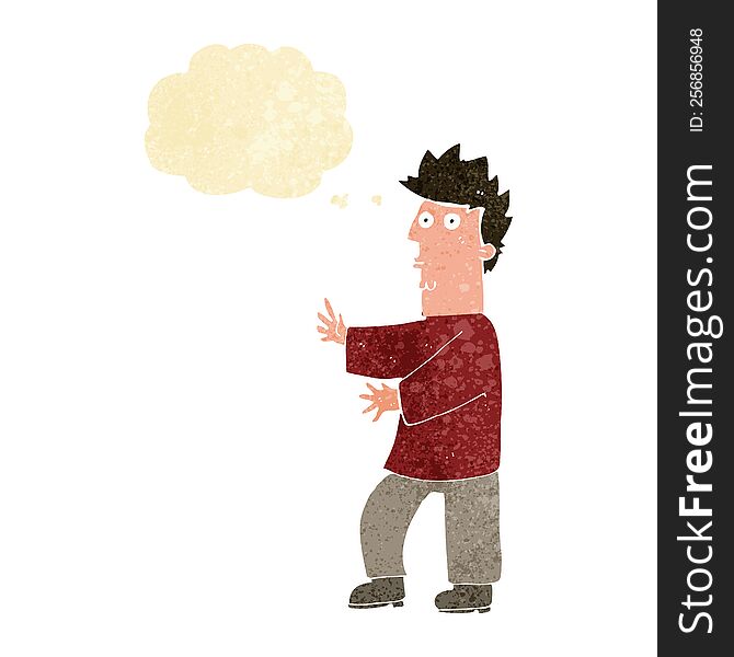 Cartoon Nervous Man Waving With Thought Bubble