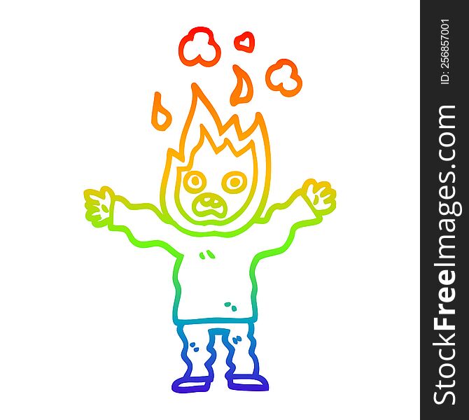 rainbow gradient line drawing of a cartoon man with head on fire