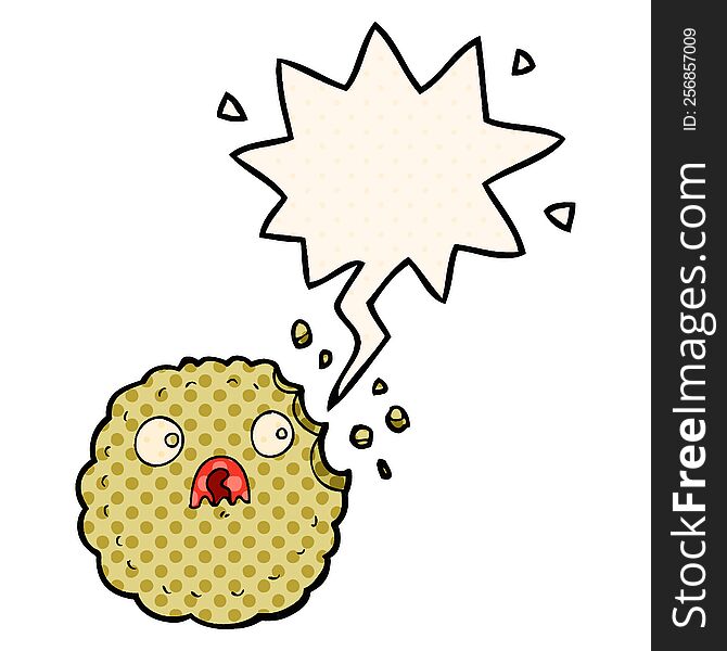 frightened cookie cartoon with speech bubble in comic book style