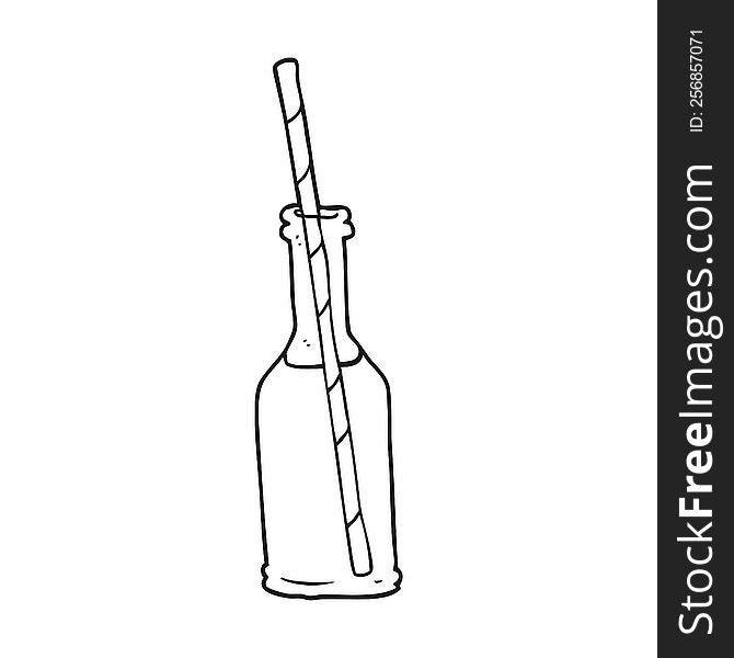 freehand drawn black and white cartoon soda bottle and straw