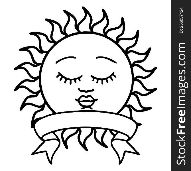 Black Linework Tattoo With Banner Of A Sun With Face