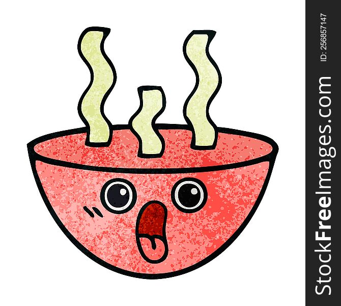 retro grunge texture cartoon of a bowl of hot soup