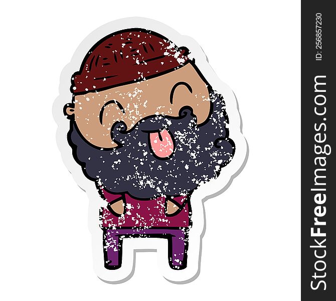 distressed sticker of a man with beard sticking out tongue