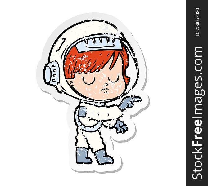 distressed sticker of a cartoon astronaut woman