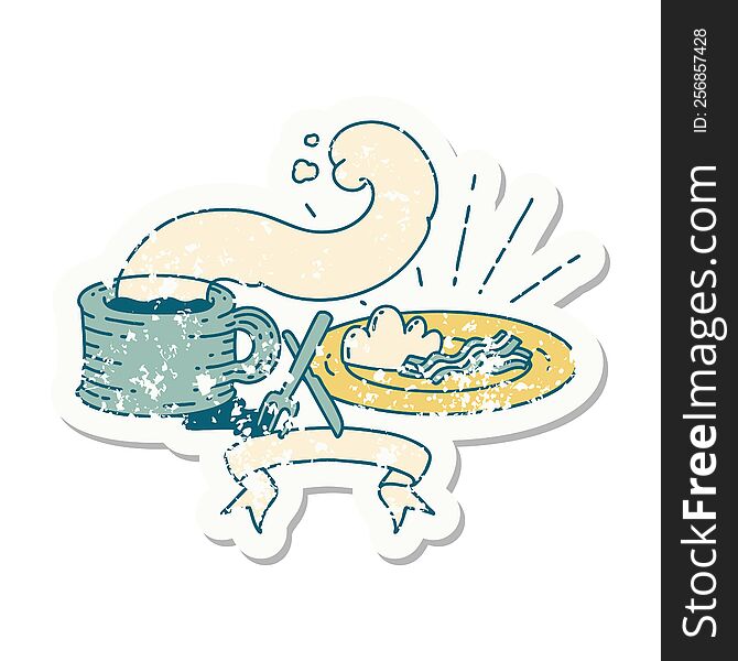 worn old sticker of a tattoo style breakfast and coffee. worn old sticker of a tattoo style breakfast and coffee
